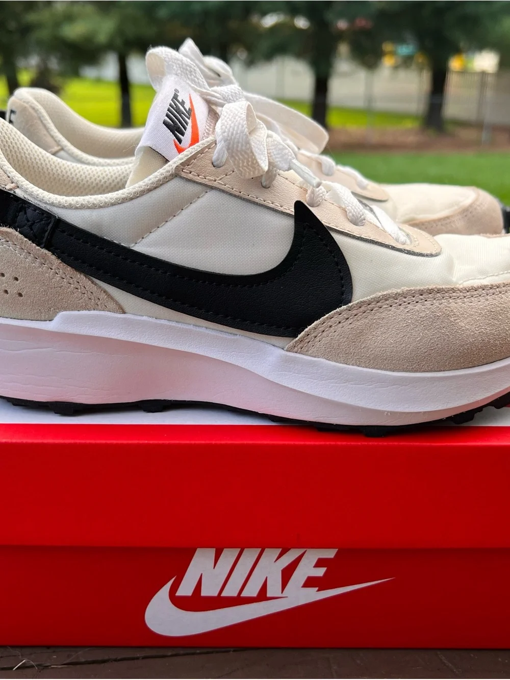 Women’s Nike Waffle Debut Sneakers - Black, Cream & Tan.